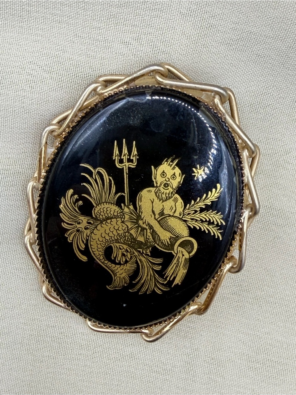 Vintage Aquarius Zodiac Brooch Pin Black Gold Glass Merman MidCentury